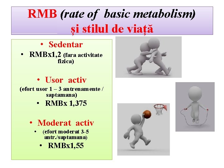 RMB (rate of basic metabolism) și stilul de viață • Sedentar • RMBx 1,
