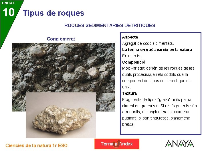 UNITAT 10 3 Tipus de roques ROQUES SEDIMENTÀRIES DETRÍTIQUES Conglomerat Aspecte Agregat de còdols