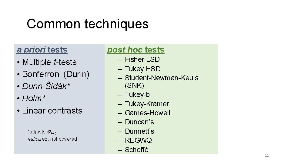 Common techniques a priori tests • Multiple t-tests • Bonferroni (Dunn) • Dunn-Ŝidák* •