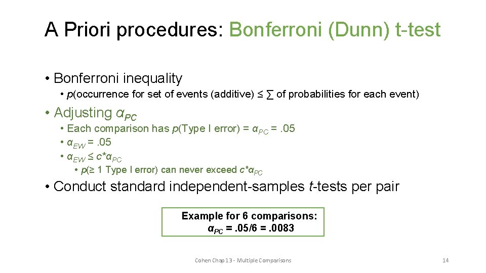 A Priori procedures: Bonferroni (Dunn) t-test • Bonferroni inequality • p(occurrence for set of