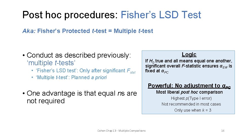 Post hoc procedures: Fisher’s LSD Test Aka: Fisher’s Protected t-test = Multiple t-test •