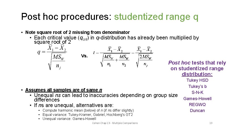 Post hoc procedures: studentized range q • Note square root of 2 missing from
