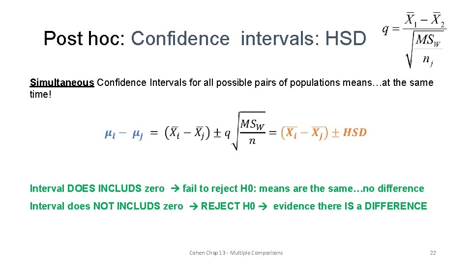 Post hoc: Confidence intervals: HSD Simultaneous Confidence Intervals for all possible pairs of populations
