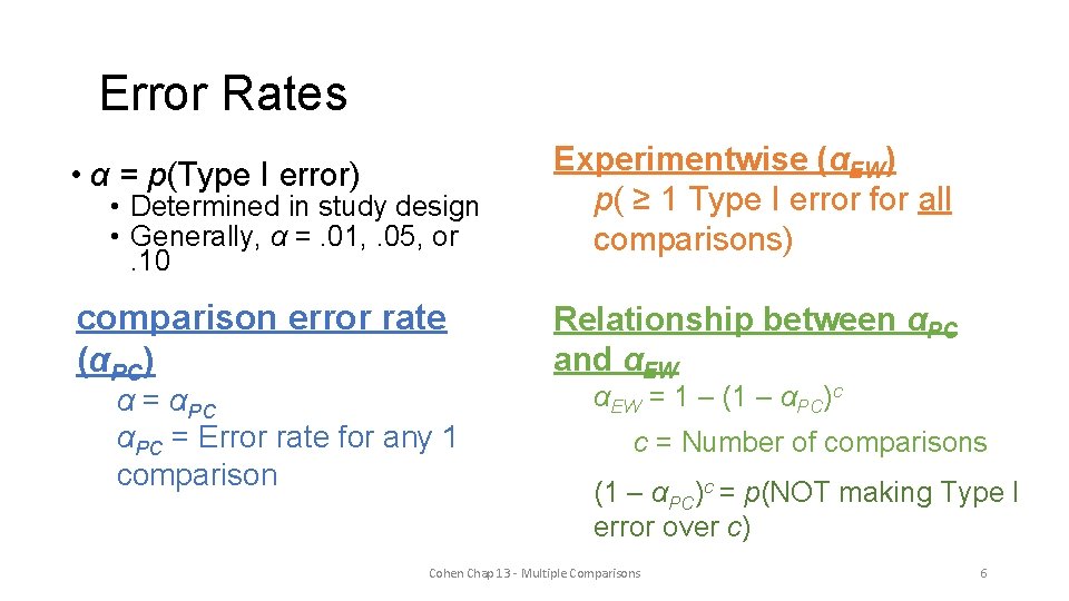 Error Rates • α = p(Type I error) Experimentwise (αEW) p( ≥ 1 Type