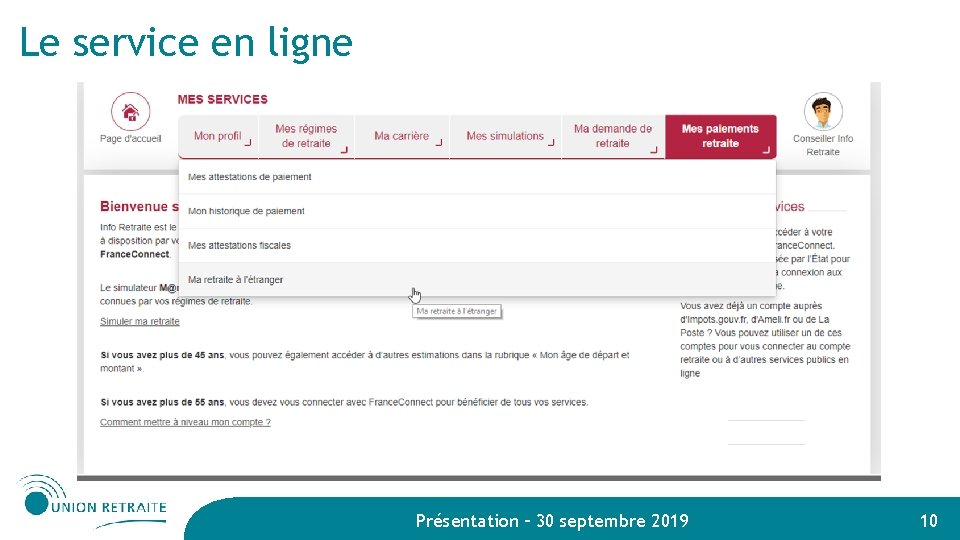 Le service en ligne Présentation – 30 septembre 2019 10 