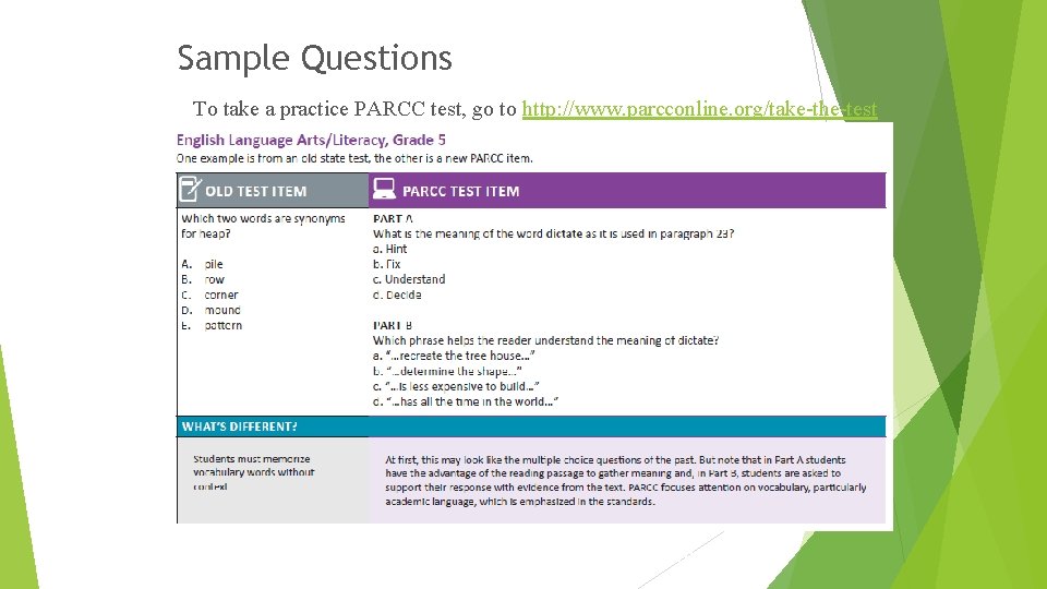 Sample Questions To take a practice PARCC test, go to http: //www. parcconline. org/take-the-test