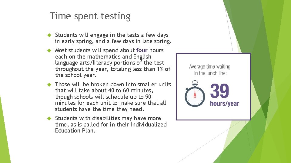 Time spent testing Students will engage in the tests a few days in early