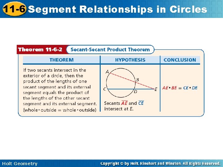 11 -6 Segment Relationships in Circles Holt Geometry 