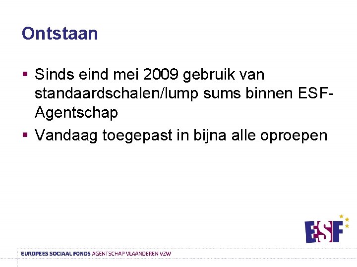 Ontstaan § Sinds eind mei 2009 gebruik van standaardschalen/lump sums binnen ESFAgentschap § Vandaag