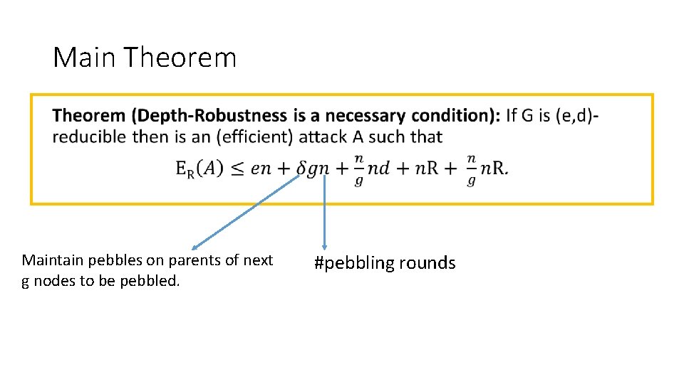 Main Theorem • Maintain pebbles on parents of next g nodes to be pebbled.