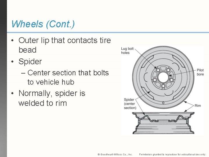 Wheels (Cont. ) • Outer lip that contacts tire bead • Spider – Center