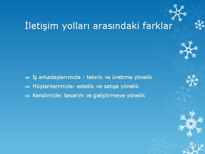 İletişim yolları arasındaki farklar İş arkadaşlarımızla : teknik ve üretime yönelik Müşterilerimizle: estetik ve