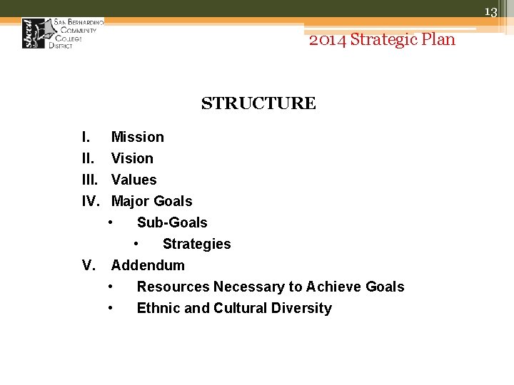 13 2014 Strategic Plan STRUCTURE I. III. IV. Mission Vision Values Major Goals •