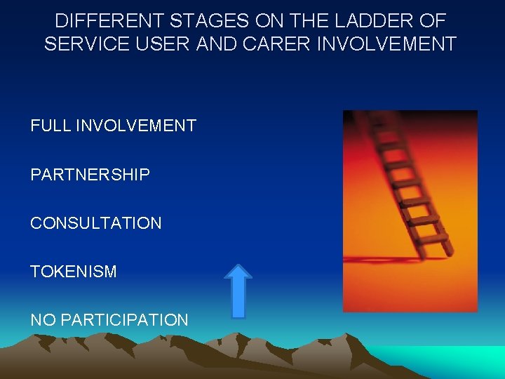 DIFFERENT STAGES ON THE LADDER OF SERVICE USER AND CARER INVOLVEMENT FULL INVOLVEMENT PARTNERSHIP