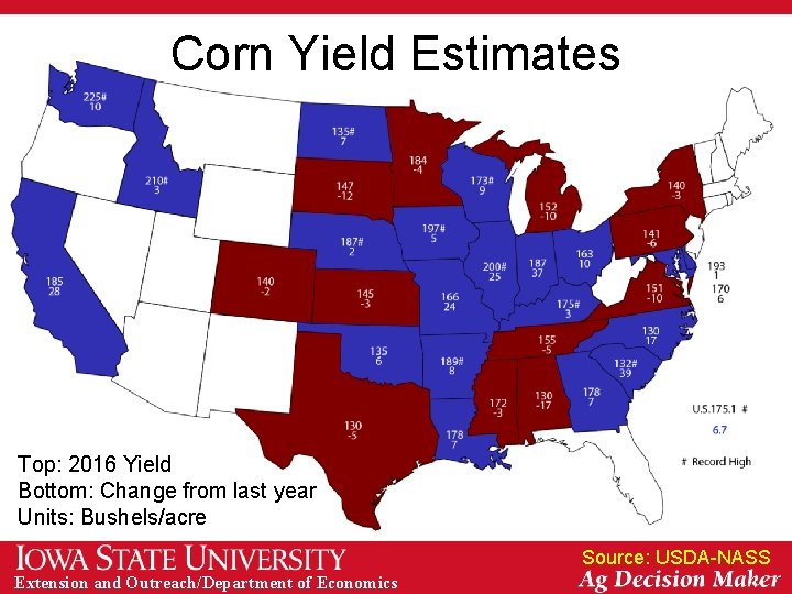 Corn Yield Estimates Top: 2016 Yield Bottom: Change from last year Units: Bushels/acre Source: