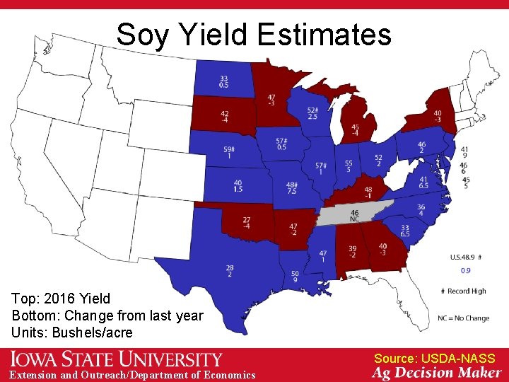 Soy Yield Estimates Top: 2016 Yield Bottom: Change from last year Units: Bushels/acre Source: