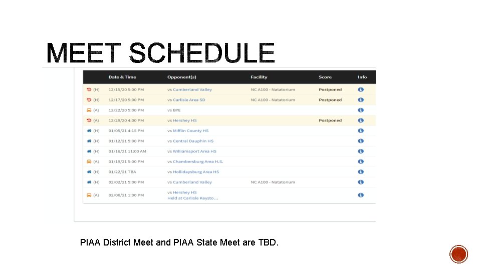 PIAA District Meet and PIAA State Meet are TBD. 