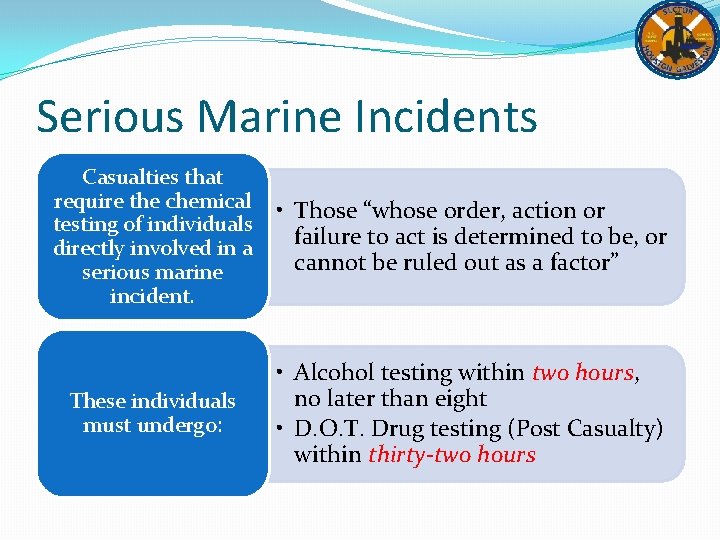 Serious Marine Incidents Casualties that require the chemical testing of individuals directly involved in
