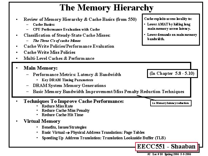 The Memory Hierarchy • Review of Memory Hierarchy & Cache Basics (from 550) –