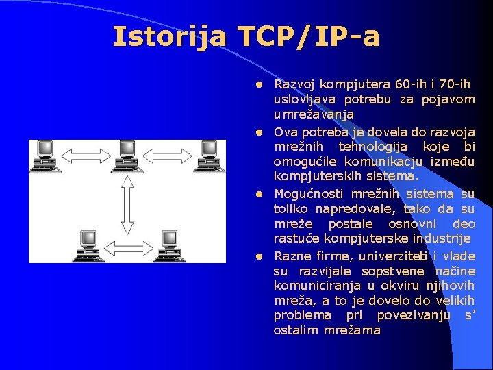 Istorija TCP/IP-a Razvoj kompjutera 60 -ih i 70 -ih uslovljava potrebu za pojavom umrežavanja