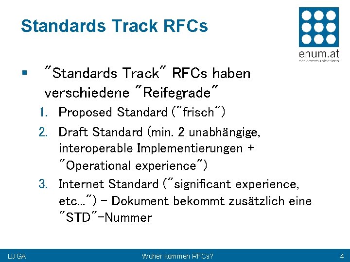 Standards Track RFCs § "Standards Track" RFCs haben verschiedene "Reifegrade" 1. Proposed Standard ("frisch")