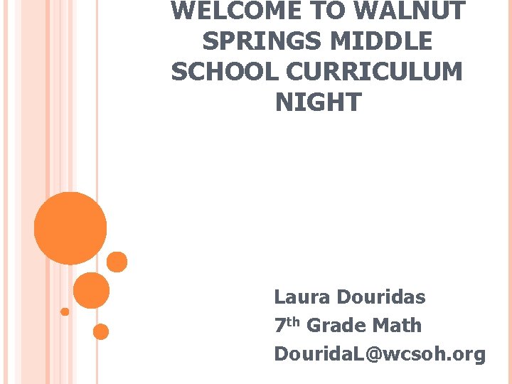 WELCOME TO WALNUT SPRINGS MIDDLE SCHOOL CURRICULUM NIGHT Laura Douridas 7 th Grade Math