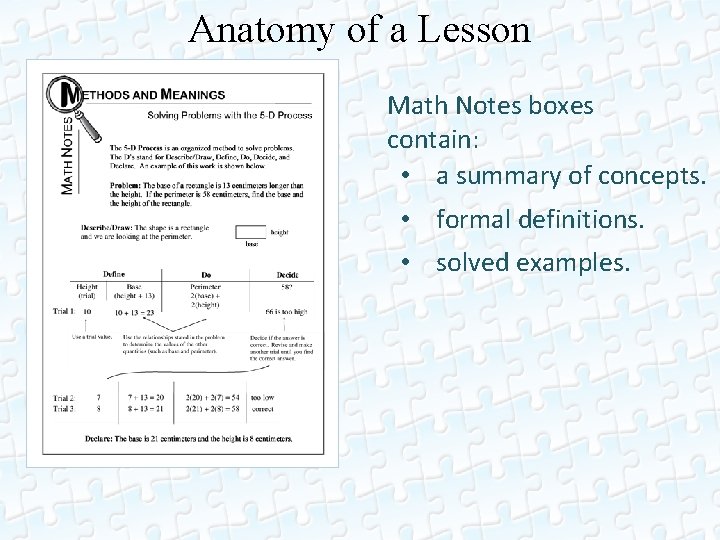 Anatomy of a Lesson Math Notes boxes contain: • a summary of concepts. •