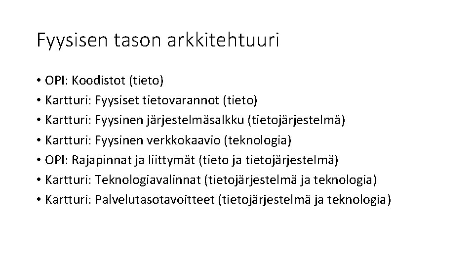 Fyysisen tason arkkitehtuuri • OPI: Koodistot (tieto) • Kartturi: Fyysiset tietovarannot (tieto) • Kartturi: