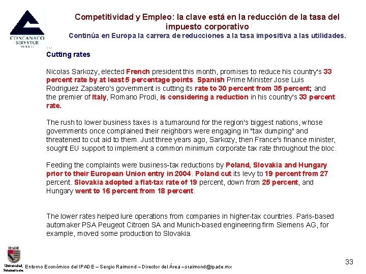 Competitividad y Empleo: la clave está en la reducción de la tasa del impuesto