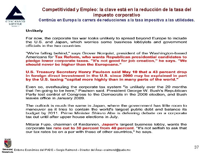 Competitividad y Empleo: la clave está en la reducción de la tasa del impuesto