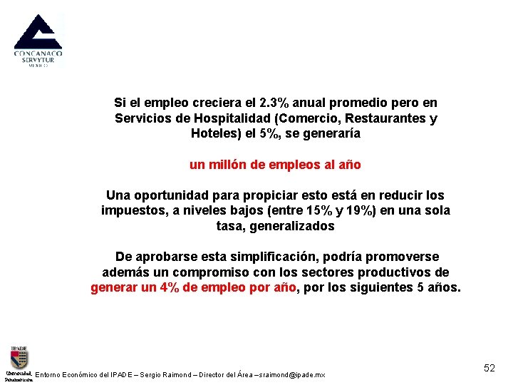 Si el empleo creciera el 2. 3% anual promedio pero en Servicios de Hospitalidad