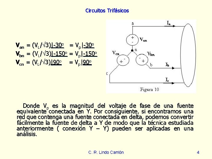 Circuitos Trifásicos Van = (VL/ 3)|-30 o = Vp|-30 o Vbn = (VL/ 3)|-150