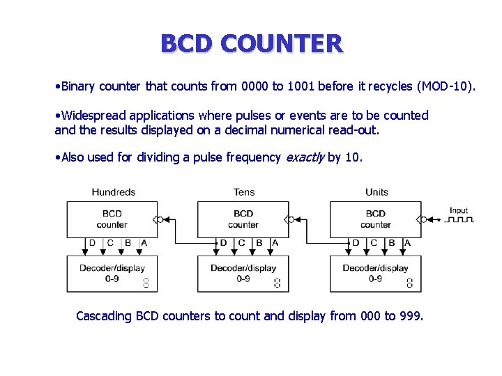 BCD COUNTER • Binary counter that counts from 0000 to 1001 before it recycles