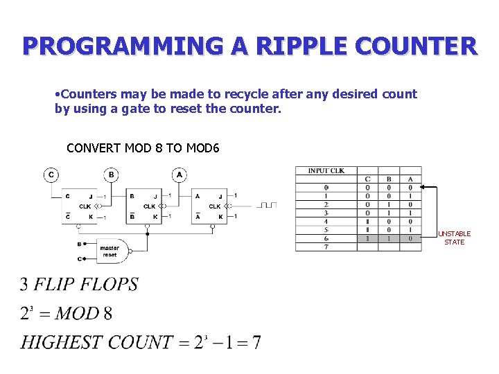 PROGRAMMING A RIPPLE COUNTER • Counters may be made to recycle after any desired