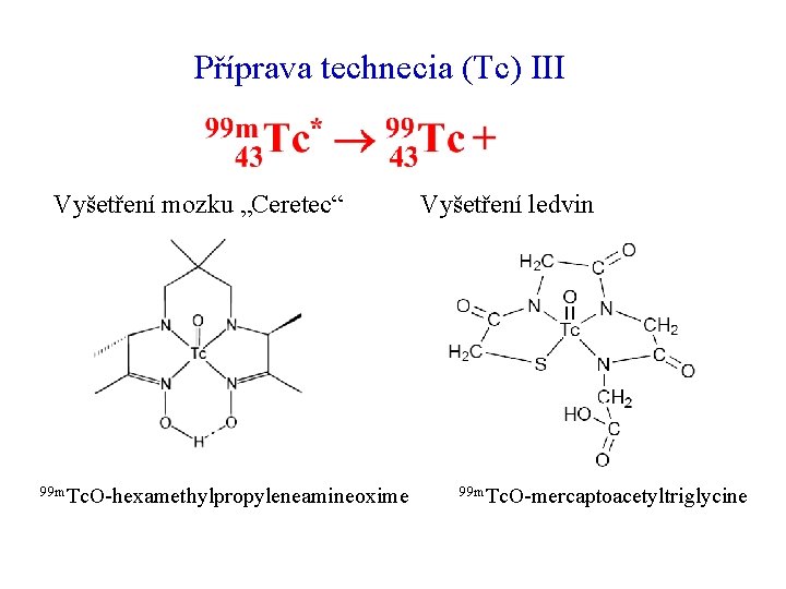 Příprava technecia (Tc) III Vyšetření mozku „Ceretec“ 99 m. Tc. O-hexamethylpropyleneamineoxime Vyšetření ledvin 99