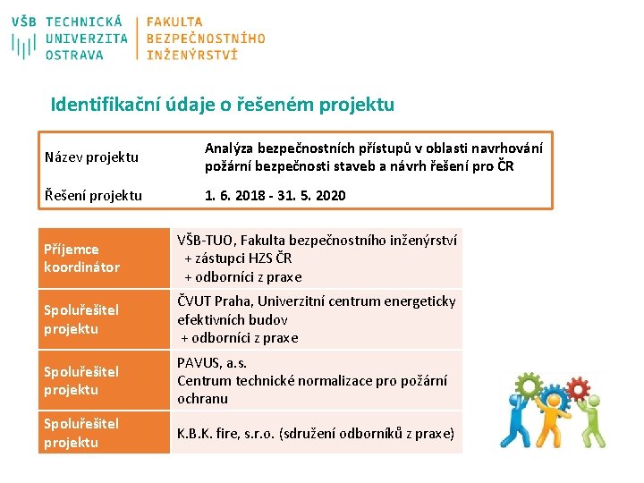 Identifikační údaje o řešeném projektu Název projektu Analýza bezpečnostních přístupů v oblasti navrhování požární