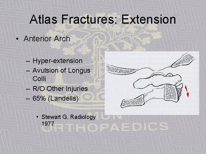 Atlas Fractures: Extension • Anterior Arch – Hyper-extension – Avulsion of Longus Colli –