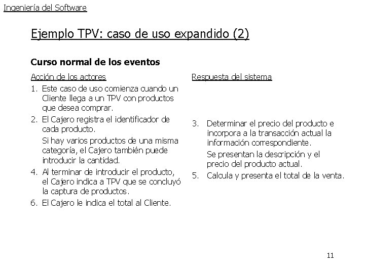 Ingeniería del Software Ejemplo TPV: caso de uso expandido (2) Curso normal de los