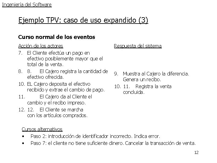 Ingeniería del Software Ejemplo TPV: caso de uso expandido (3) Curso normal de los