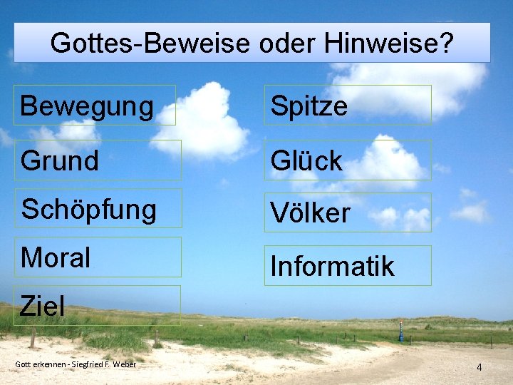 Gottes-Beweise oder Hinweise? Bewegung Spitze Grund Glück Schöpfung Völker Moral Informatik Ziel Gott erkennen