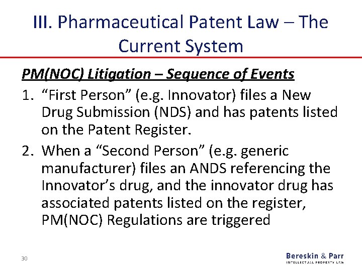 III. Pharmaceutical Patent Law – The Current System PM(NOC) Litigation – Sequence of Events