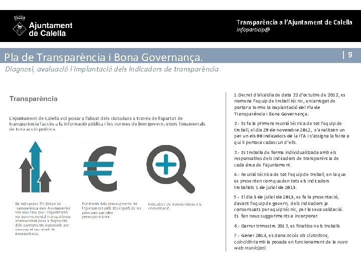 Transparència a l’Ajuntament de Calella infoparticip@ |9 Pla de Transparència i Bona Governança. Diagnosi,