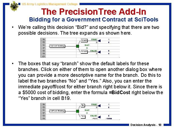 US Army Logistics Management College The Precision. Tree Add-In Bidding for a Government Contract