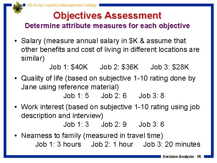 US Army Logistics Management College Objectives Assessment Determine attribute measures for each objective •
