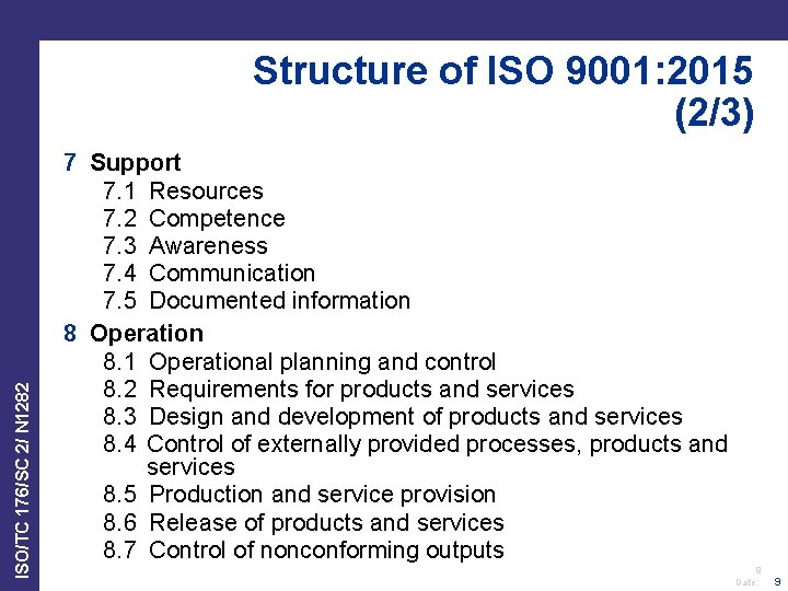 ISO/TC 176/SC 2/ N 1282 Structure of ISO 9001: 2015 (2/3) 7 Support 7.