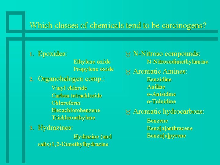 Which classes of chemicals tend to be carcinogens? 1. Epoxides: _ Ethylene oxide Propylene