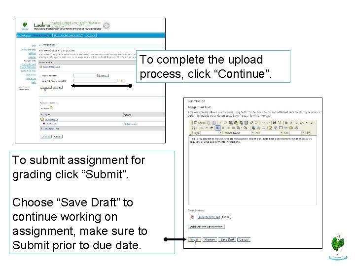 To complete the upload process, click “Continue”. To submit assignment for grading click “Submit”.