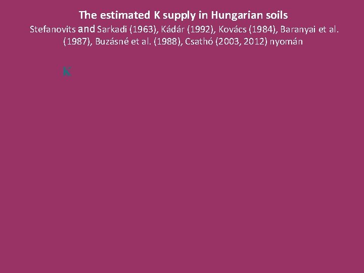 The estimated K supply in Hungarian soils Stefanovits and Sarkadi (1963), Kádár (1992), Kovács