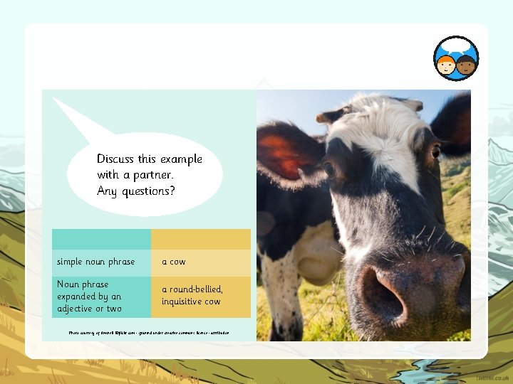 Discuss this example with a partner. Any questions? simple noun phrase a cow Noun