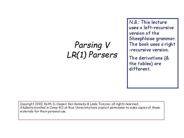 Parsing V LR(1) Parsers N. B. : This lecture uses a left-recursive version of